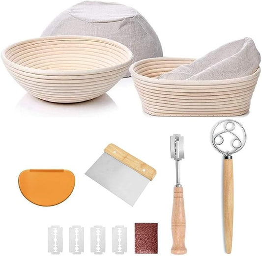 YAANI Sourdough Starter Kit, Sourdough Bread Baking Supplies, Banneton Bread Proofing Basket Set Of 2 Round and Oval, Dough Whisk, Scoring Tool, Metal Scraper, Silicone Scraper, Premium Baking Tools