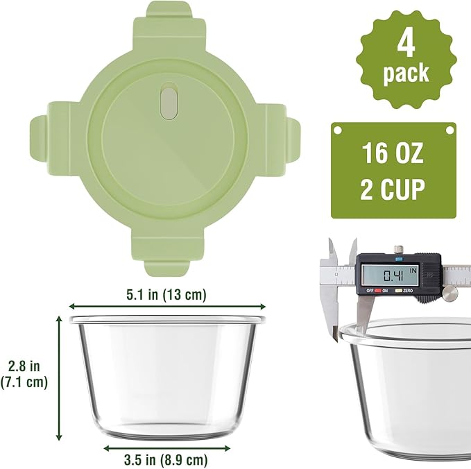 16oz Glass Meal Prep Containers, Airtight 2 Cup Glass Storage Containers with Lids, Heat-Resistant BPA-Free Borosilicate Glass Soup Container for Leftover, Microwave, Dishwasher&Freezer Safe (4 Packs)