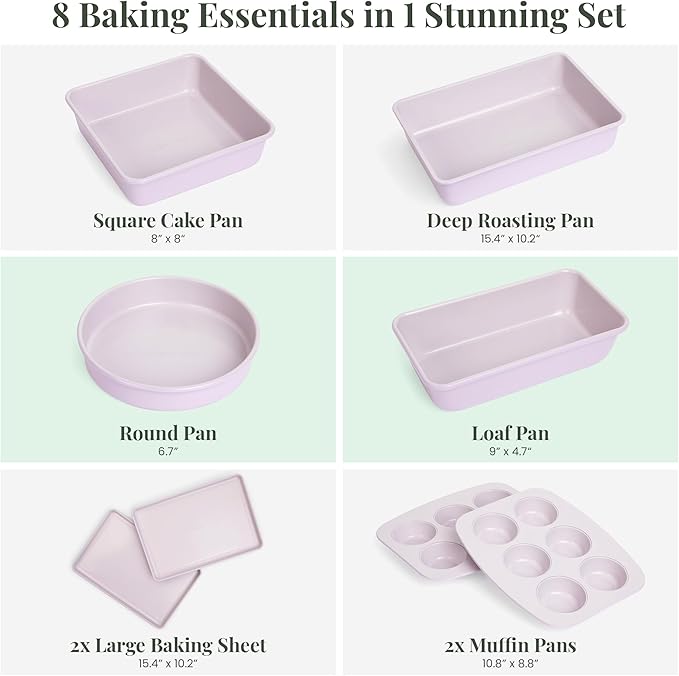 Larder & Vine 8-Piece Bakeware Set | Non-Stick Baking Set with Ceramic Finish | PFAS, PFOA, PTFE, and BPA Free Baking Essentials | Baking Sheets, Muffin Tins and Assorted Baking Pans | Lavender