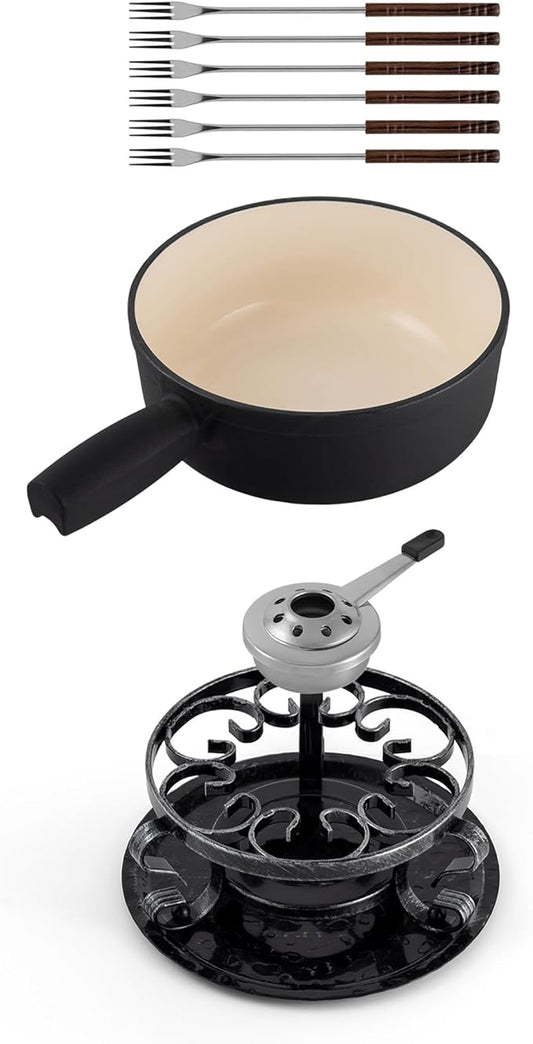 Swissmar Lugano Cast Iron Cheese Fondue Set, 9-Piece, 2 QT / 2 L - Ideal for Melting Cheese, Chocolates, Caramel, & More - Perfect for Kitchen Collection & Gift Giving - Matte Black