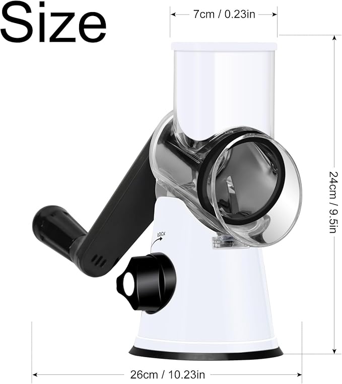 Ourokhome Rotary Cheese Grater Hand Crank, Kitchen Shredder Speed Mandolin Slicer Nuts Grinder with Handle and Drum Blades for Cheese, Vegetable, Walnuts, Chocolate, Potato, 3 Blades, White Black