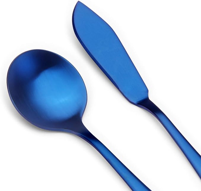 Matte Blue Serving Set, SHARECOOK 5-Piece 18/0 Stainless Steel Large Hostess Set with Round Edge, Satin Finished, Dishwasher Safe -Spoons, Forks,Butter Knife& Slotted Spoon