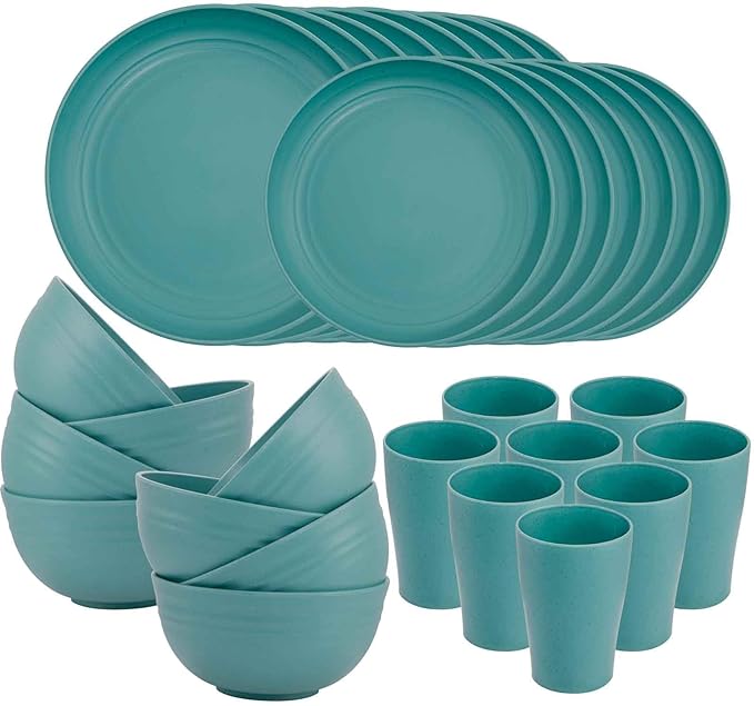 Supernal 32pcs Wheat Straw Dinnerware Sets,Dinnerware Sets for 8,Unbreakable Dinnerware,Reusable Tableware,Dark Green Set 16pcs Plates, 8pcs Bowls, 8pcs Cups,Microwave Dishwasher Safe