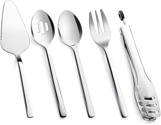 KINGSTONE Large Hostess Serving Utensils Set,18/10 Stainless Steel Heavy Duty 10inch Serving Spoons,Slotted Spoons,Serving Fork,Serving Tongs, Cake Pie Server For Buffet, Wedding, Party