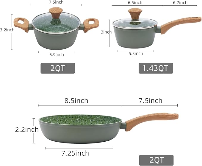 3-Piece Nonstick Cookware Set, 8.5 Inch Frying Pan & 2 Pots with Lids | PFAS & PFOA Free Non-Toxic Coating | Induction Compatible, Dishwasher Safe | Pots and Pans Set for Beginner Kitchen