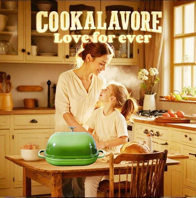 Cast Iron Bread Oven,6 QT Bread Oven,Thick Enameled Loaf Pan with Lid,Bread Pans for Homemade Bread,14.5"Dutch Oven for Bread Baking,Dutch Oven-with Silicone Baking Mat&Recipe,Gifts for Family,Green