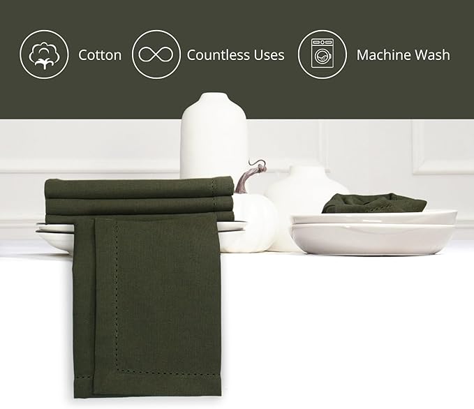 PurpleEssences Set of 6 Hemstitch Cloth Dinner Napkins 100% Cotton - Soft Durable Washable - Ideal for Wedding Christmas Holiday Winter - Perfect Everyday Use Table Linen 18x18 - Olive Green