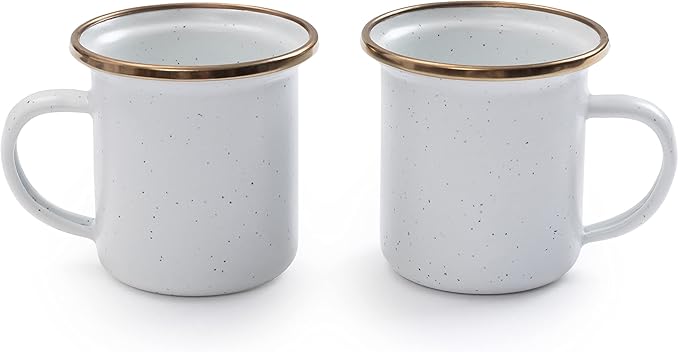 Barebones 5-Ounce Enamel Espresso Cup Set of 2 - Small Coffee Mug and Tea Cup - Stainless Steel Rim Camping Mug for Indoor and Outdoor Use (Eggshell)