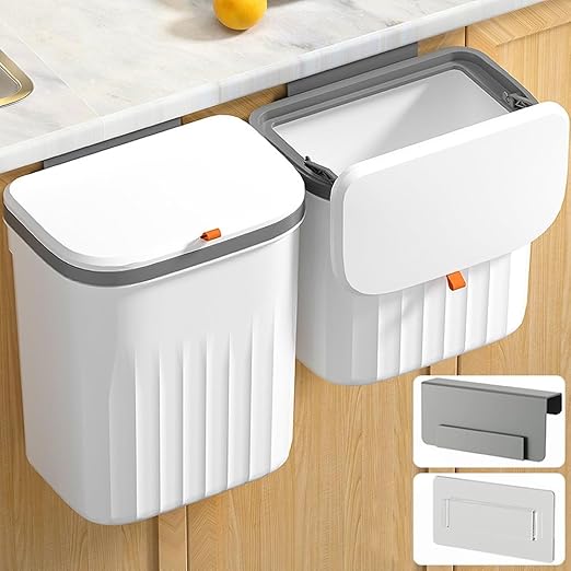 3.3+2.6 Gallon Kitchen Compost Bin for Counter Top or Under Sink, 2-in-1 Combo Pack Kitchen Hanging Trash Can Set with Lid, Plastic Wall-Mounted Garbage Can for Cupboard, Office