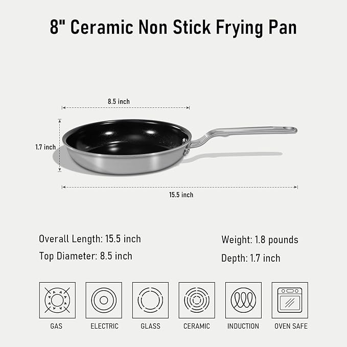 8 Inch Ceramic Non Stick Frying Pans - 5 Ply Stainless Clad Nonstick Skillet, Professional Cookware for Induction, All Stoves and Oven