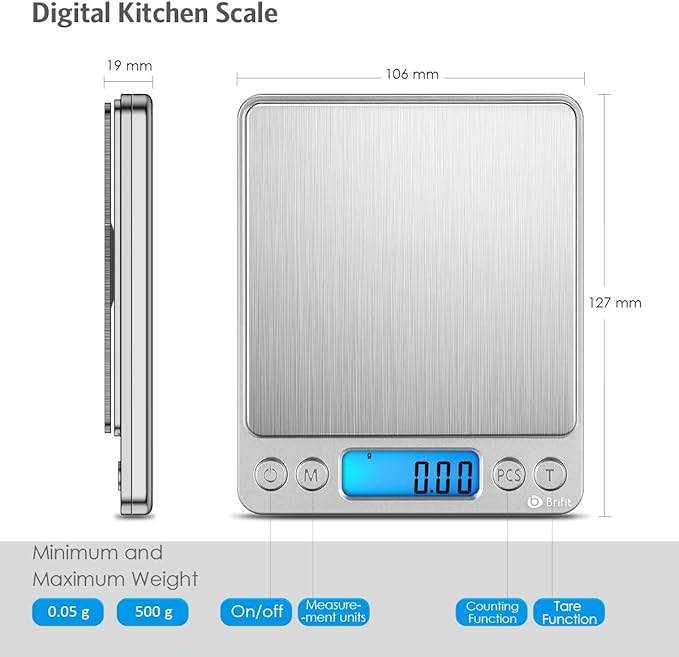(New) AMIR Digital Kitchen Scale, 500g/ 0.01g Mini Pocket Jewelry Scale, 100g Calibration Weight, Cooking Food Scale, Back-Lit LCD Display, 2 Trays, 6 Units, Auto Off, Tare, PCS, Stainless Steel