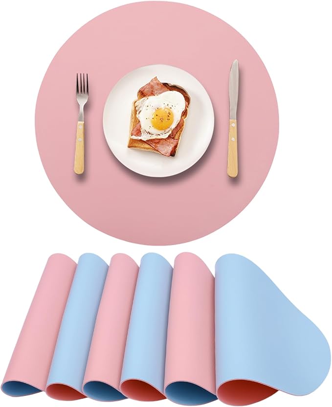 Round Faux Leather Placemats Set of 6,Reversible PU Placemat for Dining Table,Waterproof Table Mats Heat Resistant Wipeable Anti Slip Washable,Modern Table Protectors(Pink and Blue)