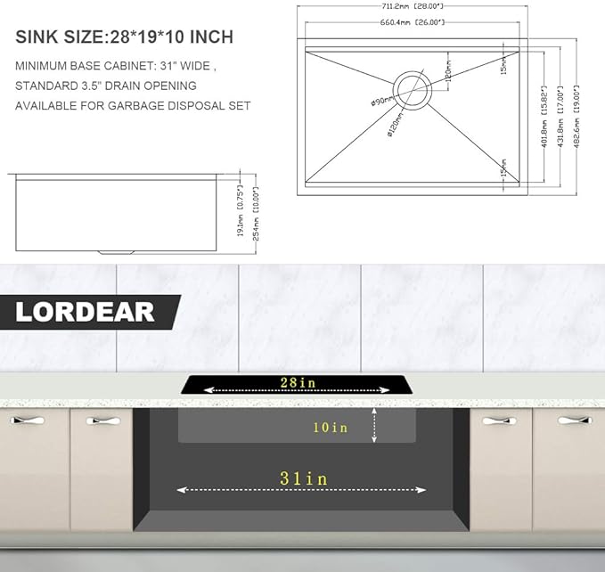 Lordear 28 Undermount Kitchen Sink Stainless Steel 16 Gauge Under Counter Workstation Sink Single Bowl 304 Stainless Steel One Basin Handmade Sinks