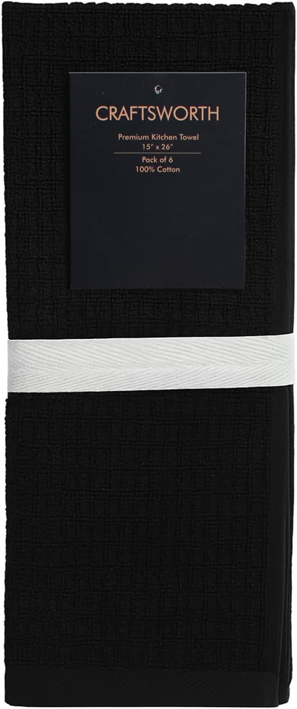 CRAFTSWORTH Kitchen Towels, 15 x 26 Inches, Pack of 6, 400 GSM, 100% Ring Spun Cotton, Striped Solid Black Cotton Dish Towels Super Soft and Absorbent, Tea Towel and Bar Towel