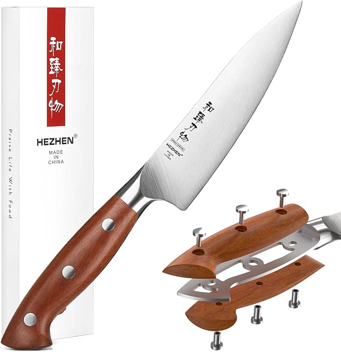 HEZHEN Petty Knife - 5.3” Chef Utility Knife, High Carbon German 1.4116 Stainless Steel Blade, Full Tang, Red Wood Handle, Premium Gift Box,