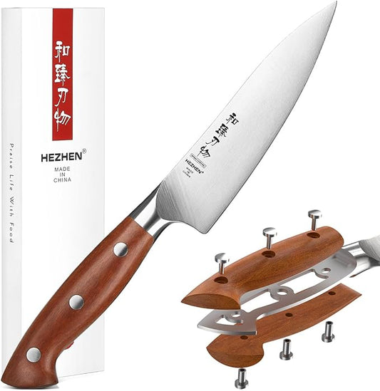 HEZHEN Petty Knife - 5.3” Chef Utility Knife, High Carbon German 1.4116 Stainless Steel Blade, Full Tang, Red Wood Handle, Premium Gift Box,