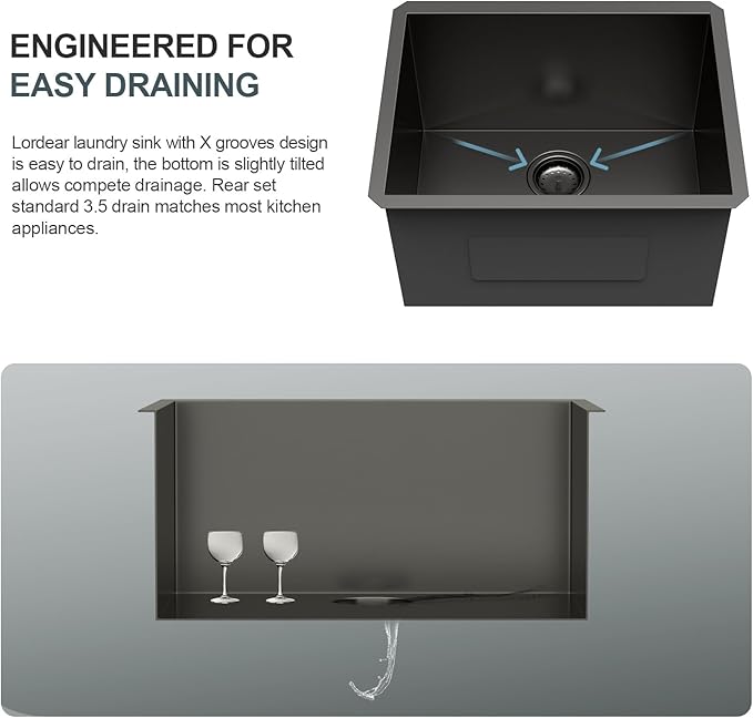 Lordear 24 Black Laundry Sink Stainless Steel - 24" x 19" x 13" Undermount Sink Single Bowl 16 Gauge Stainless Steel Deep Laundry Room Utility Sinks Handmade Under Counter Kitchen Basin,Gunmetal Black