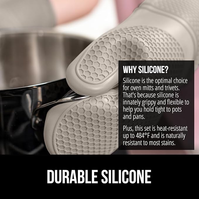 GORILLA GRIP BPA-Free Soft Silicone Oven Mitts and Pot Holders Sets of 4, Heat Resistant Waterproof Cooking Gloves, Thick Cotton Lining, Flexible Gripping for Baking Grilling, Kitchen Trivets, Almond