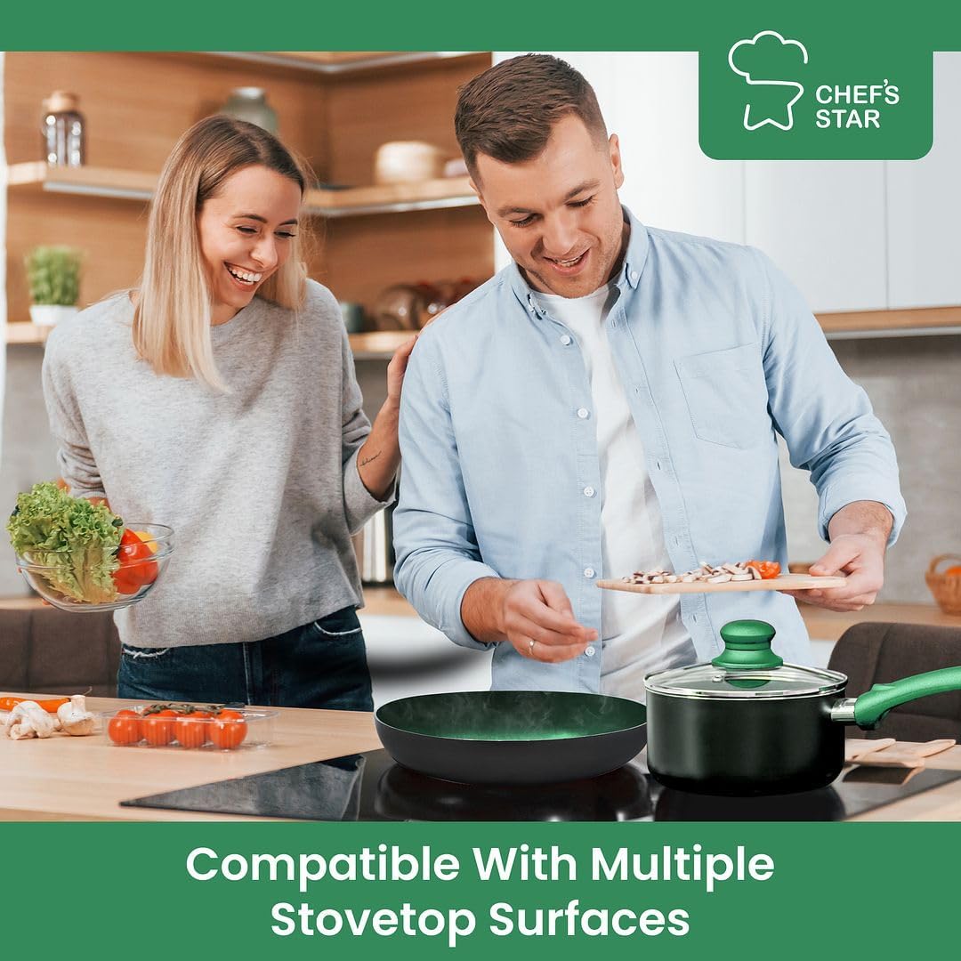 Chef's Star Pots And Pans Set Kitchen Cookware Sets Nonstick Aluminum Cooking Essentials 11 Pieces Green