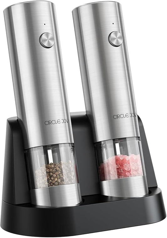 CIRCLE JOY Electric Salt and Pepper Grinder Set Stainless Steel Spice Grinder Automatic Pepper Mills with Easy-to-Carry Dual Charging Station, White Led Light, and Adjustable Coarseness, Silver