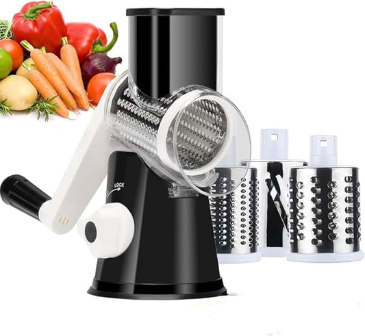 Rotary Cheese Grater Hand Crank, Grater For Kitchen With Reinforced Suction - Rotary Cheese Grater With 3 Replaceable Stainless Steel Blades - Easy to Use & Clean - Vegetable Cutter (Black)