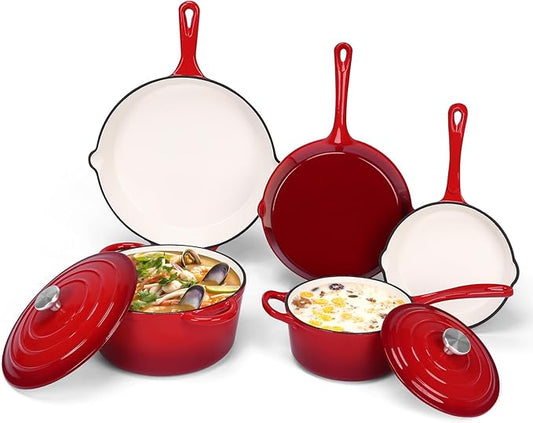 QuliMetal Nonstick Enameled Cast Iron Cookware Set, 5 Pcs Pots and Pans with Lid, Skillet, Frying Pan, Saucepan & Dutch Oven for All Stovetops, PFA Free - Ideal for Sourdough Bread Baking