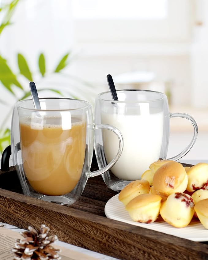 LIBWYS 2 Pack Double Walled Coffee Cups Glasses Mugs, 12oz Espresso Cappuccino Latte Tea Cups with Handle, Heat Resistant Borosilicate Clear Glasses 350ml