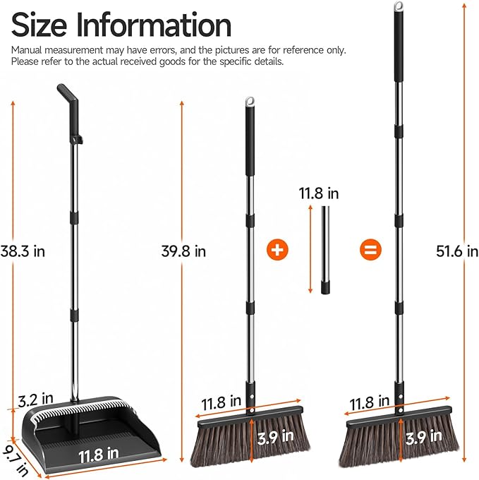 CTIME Broom with Dustpan, Broom with Dustpan Combo Set, 51.6" Adjustable Long Handle with 2 Replaceable Broom Heads, Standing Broom and Dustpan Set for Indoor Sweeping, Home, Office, Kitchen,Floor