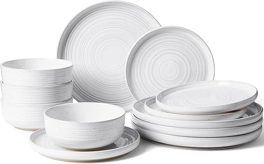 Stoneware Dinnerware Sets, Plate and Bowl Sets for 4, 12 Pieces Spiral Flared Dishware Set with Speckles & Reactive Glaze - Microwave and Dishwasher Safe Tableware, White