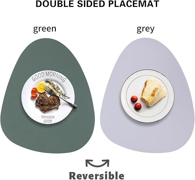 Faux Leather Placemats Set of 6 Reversible,Round PU Placemat for Dining Table,Waterproof Table Mats Heat Resistant Wipeable Anti Slip Washable,Modern Table Protectors(Green and Grey)