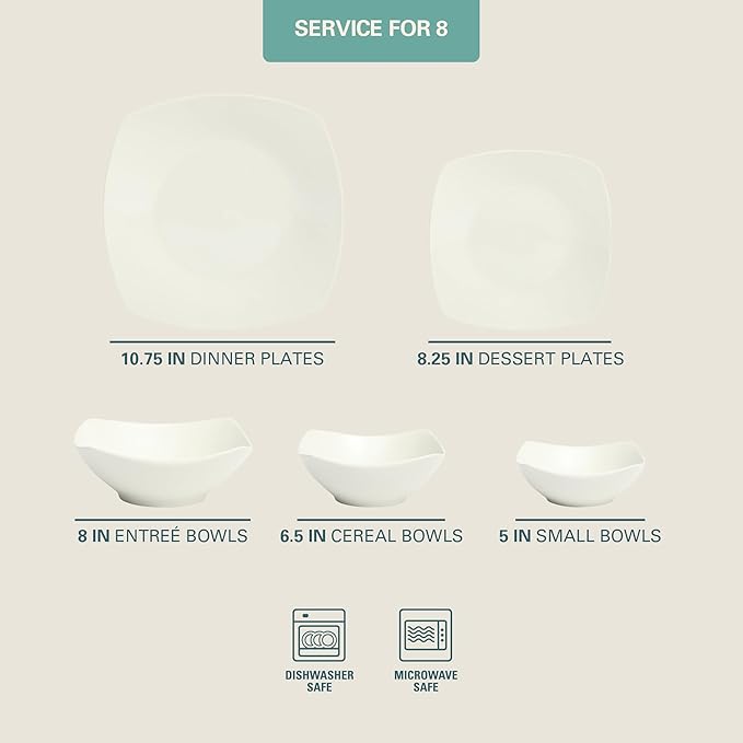 Gibson Home Brentwood 40-Piece Dinnerware Set – Square White Porcelain Plates and Bowls, Service for 8, Dishwasher & Microwave Safe, Modern Everyday Dinner Set with Cereal, Dessert, and Entrée Bowls
