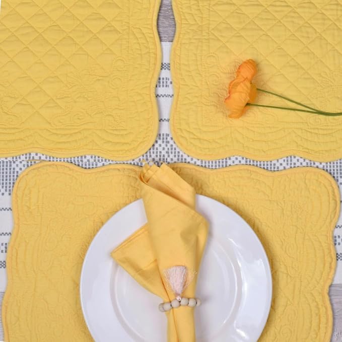 Quilted Placemats Set of 4 with Matching Cotton Napkins – 4 Piece Table Mats & 4 Cloth Napkins – 100% Cotton Table Linen Set for Everyday & Holiday Dining (4, Yellow)
