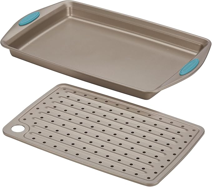 Rachael Ray Cucina Nonstick Bakeware Set with Grips, Nonstick Cookie Sheet / Baking Sheet and Crisper Pan - 2 Piece, Latte Brown with Agave Blue Handle Grips
