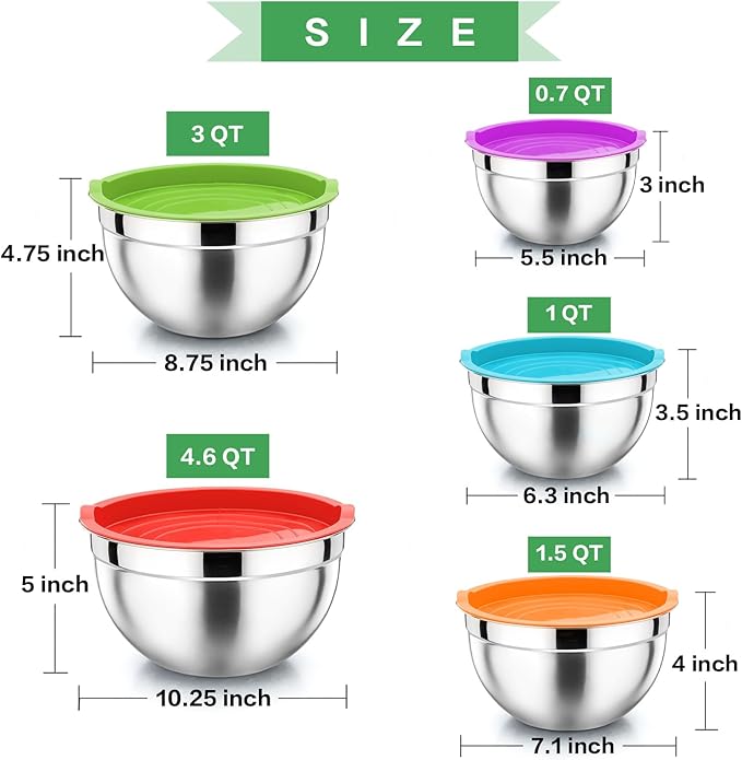 P&P CHEF Mixing Bowls with Airtight Lids Set of 5, 10-Piece Stainless Steel Mixing Nesting Bowl, Metal Bowl with Lid for Kitchen Prepping & Storing, Size 4.6, 3, 1.5, 1, 0.7 QT, Multicolor