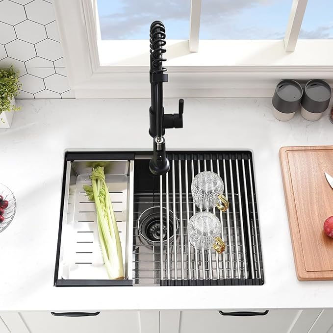 24 Inch Undermount Kitchen Sink Black 16 Gauge Stainless Steel Workstation Single Bowl Kitchen Sink Under Counter 10 Inch Deep Basin