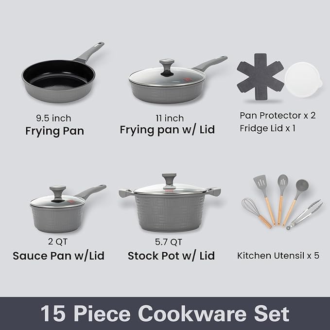 UCCLIFE 15-PCS Pots and Pans Set Non Stick, Induction Cookware Set, Non-toxic Kitchen Cooking Set, Frying Pan, Saucepan Stock Pot Kitchen Utensils Dishwasher Safe, Scratch-resistant (PFAS, PTEF Free)