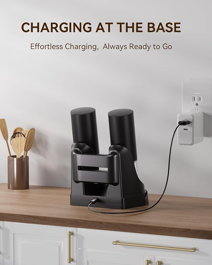 Electric Salt and Pepper Grinder Set with Dual Charging Base, 6 Adjustable Coarseness Levels & External Grind Settings, One-handed Operation Salt and Pepper Mills with LED Light,Black