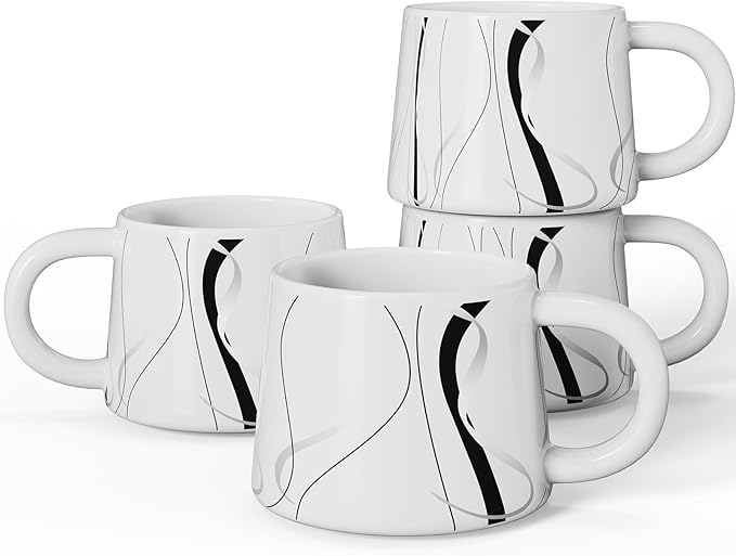 12 oz Coffee Mugs Set of 4, Modern Stackable Coffee Cups Set for Latte, Hot Tea, Cappuccino, Ceramic Coffee Mug Tea Cup, Dishwasher & Microwave Safe, Housewarming Wedding Present (White)