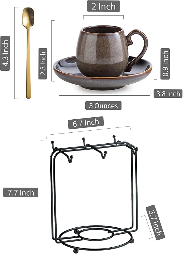 LYEOBOH 3 Ounce Espresso Cups and Saucers Set of 6, Ceramic Small Coffee Cups with Metal Holder and Spoons, Cute Demitasse Cups for Tea, Espresso, Latte, Cafe Mocha, Brown