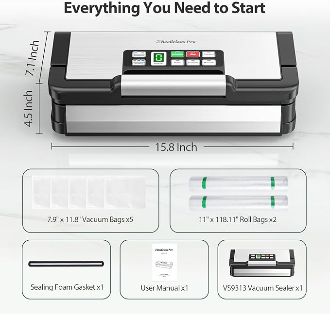 95kPa Vacuum Sealer Machine with AquaLock Technology, for Moist Seals, 2X Seal & 130W, Fully Automatic Food Sealer, Built-In Cutter, Bag Storage & Hose, Precision Sealing, 2 Bag Rolls,Stainless Steel