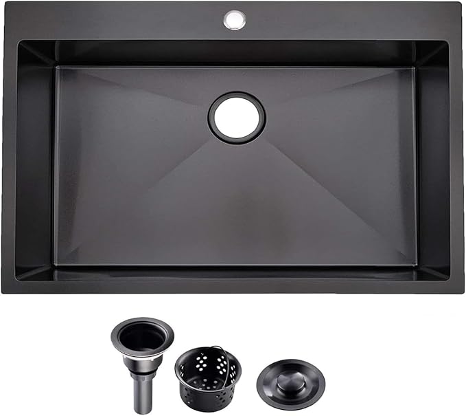 30 Inch Black Drop in Kitchen Sink, 30x18 Inch Gunmetal Black Single Bowl Stainless Steel Basin Topmount Kitchen Sink, 16 Gauge Metal Sink with Strainer