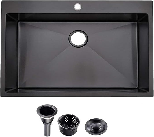 30 Inch Black Drop in Kitchen Sink, 30x18 Inch Gunmetal Black Single Bowl Stainless Steel Basin Topmount Kitchen Sink, 16 Gauge Metal Sink with Strainer