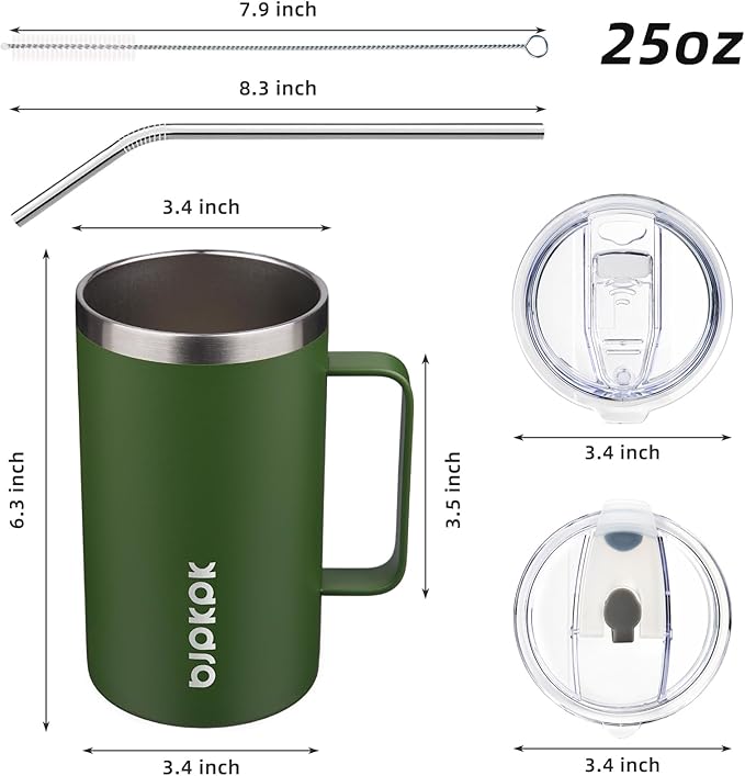 BJPKPK Insulated Coffee Mug with 2 Lids, 25oz Stainless Steel Insulated Tumbler with Handle, Double Wall Vacuum Coffee Cups, BPA Free Travel Mug for Coffee, Tea and Drinks, Forest Green