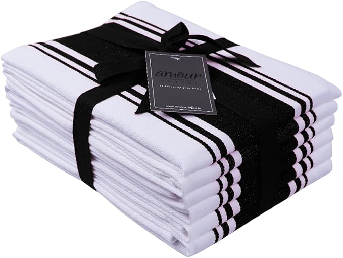 AMOUR INFINI Kitchen Towels 100% Cotton Pack of 6, Highly Absorbent Quick Drying Super Soft Premium Dish Towel for Kitchen with Hanging Loop Hand & Tea Towels - 20x28 Inch (Black)