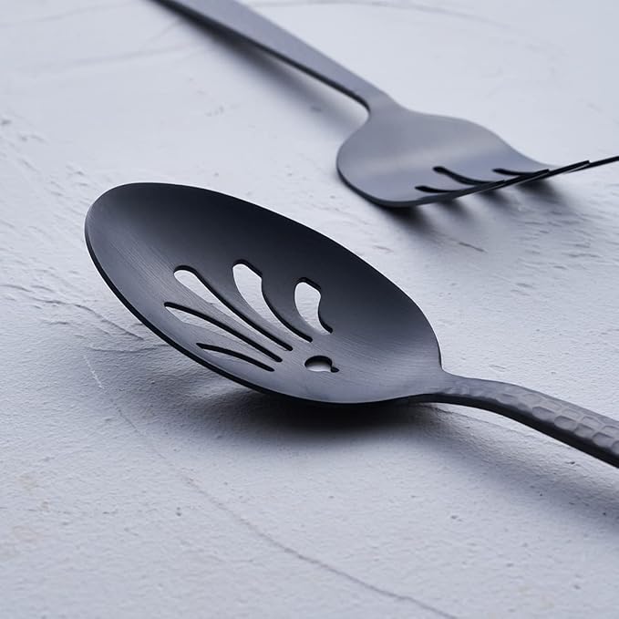 Matte Black Serving Utensil Set, 9.5-inch Stainless Steel Large Serving Spoon and Serving Fork, Satin Finish
