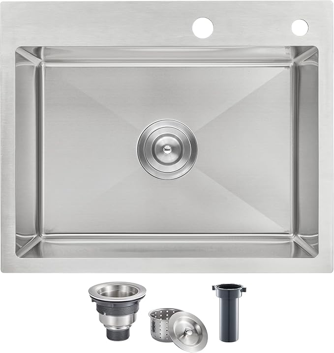 ROVOGO 22x18x9 inch Drop in Kitchen Sink Single Bowl, 304 Stainless Steel Modern Sink Top Mount with 2 Holes, Brushed