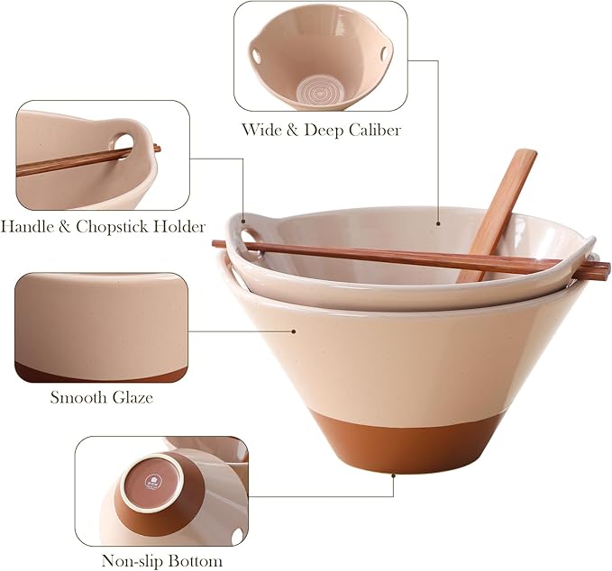 MALACASA 42 oz Ceramic Ramen Bowl Set with Wooden Spoon & Chopsticks, Japanese Style Soup Bowls for Ramen, Pho, Noodles – Set of 2, Microwave & Dishwasher Safe, Series TARA (Pink and Khaki)