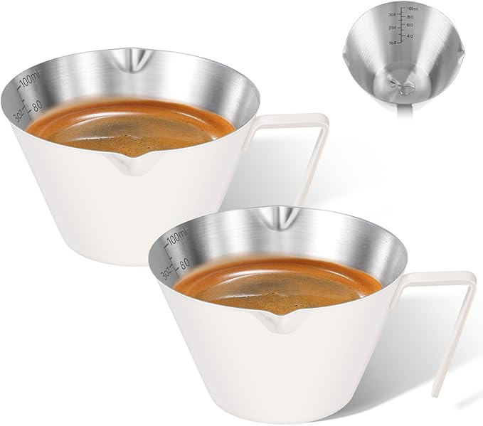 2 Pcs Espresso Cups with Handle, Double Spout Metal Measuring Cup with Dual Scale, Stainless Steel Espresso Shot Cup with V-Shaped Mouth, 3.4oz/100ml(White)