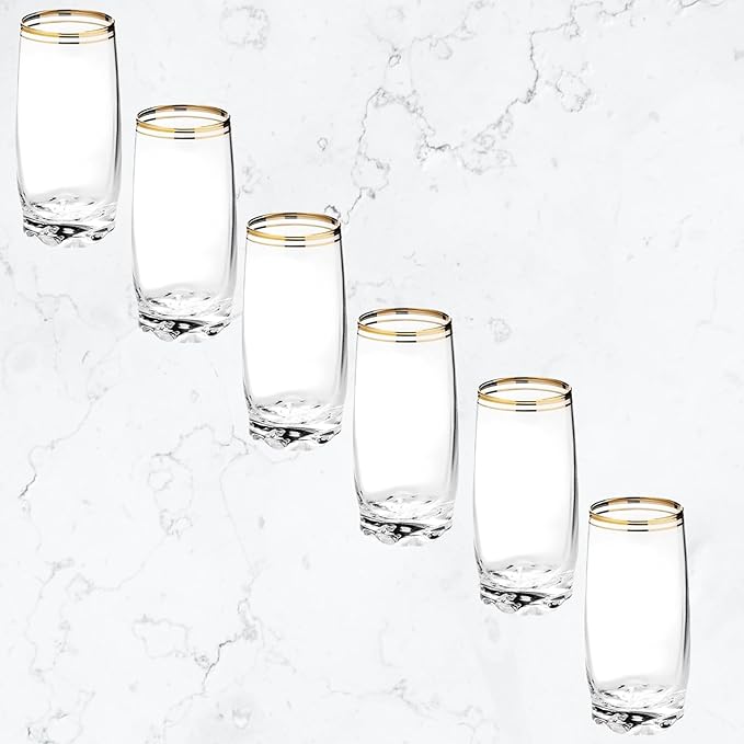 13.25 Oz Gold Glass Cup (Set of 6) - Elegant Drinking Glasses with Gold Accented Rim, Durable Glassware for Entertaining, Dining, Everyday Use - Ideal for Cocktails & Beverages