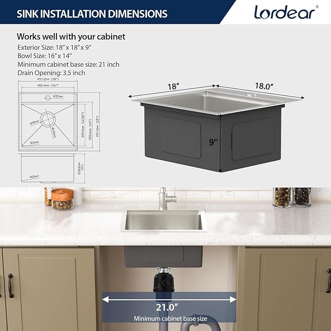 Lordear Stainless Steel Bar Sink 18 Inch Drop In Kitchen Sinks 16 Gauge SUS304 Prep Bar Sink RV Wet Small Kitchen Sinks Indoor Outdoor 18x18x9 Inch